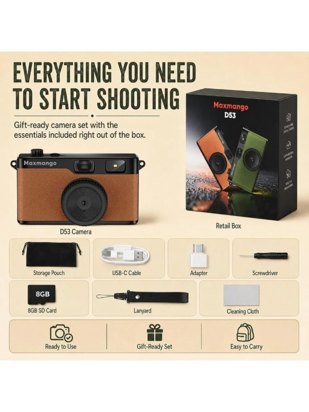 Vintage 12MP Digital Camera - Retro Screenless Design, 8GB SD Card Included